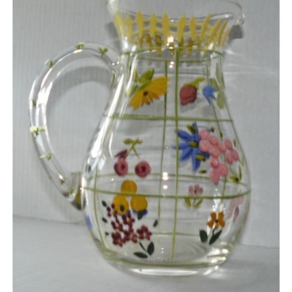 Vintage Hand Blown Pitcher Hand Painted Flowers Fruit Cottage Core - Picture 2 of 5